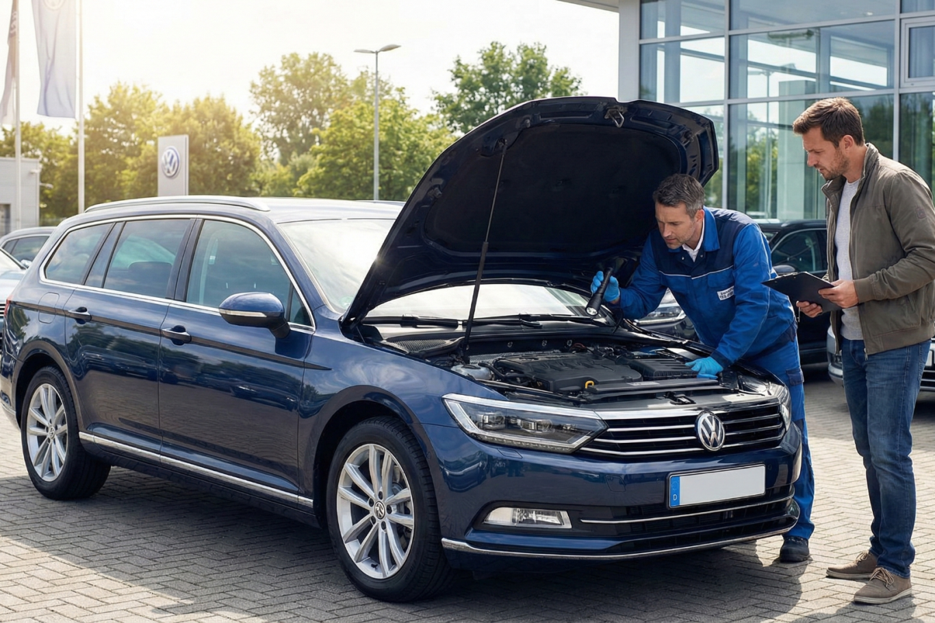 Ingenieur prüft Motorraum eines Kombis beim Gebrauchtwagen-Check in Öhringen und Künzelsau