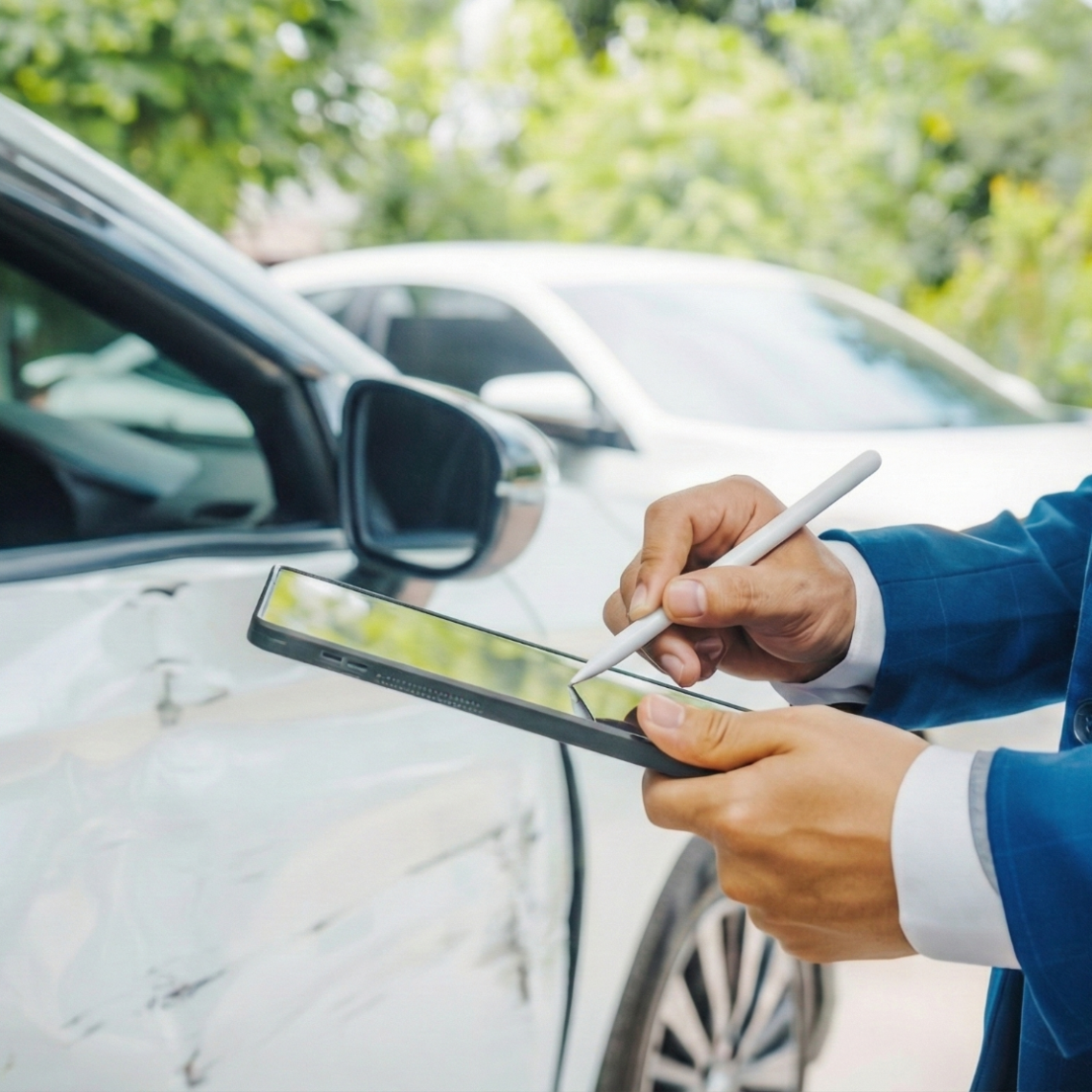 KFZ Gutachter Ingenieur M. Eng. Karagöz bei der Fahrzeugbesichtigung und Schadensaufnahme mit Tablet
