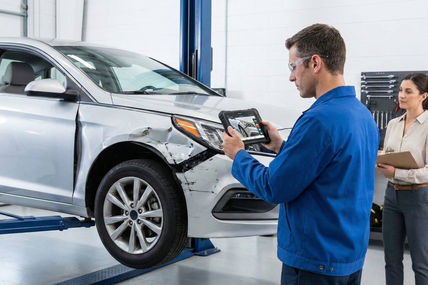 KFZ Sachverständiger begutachtet Unfallschaden an der Stoßstange eines PKW für Schadengutachten